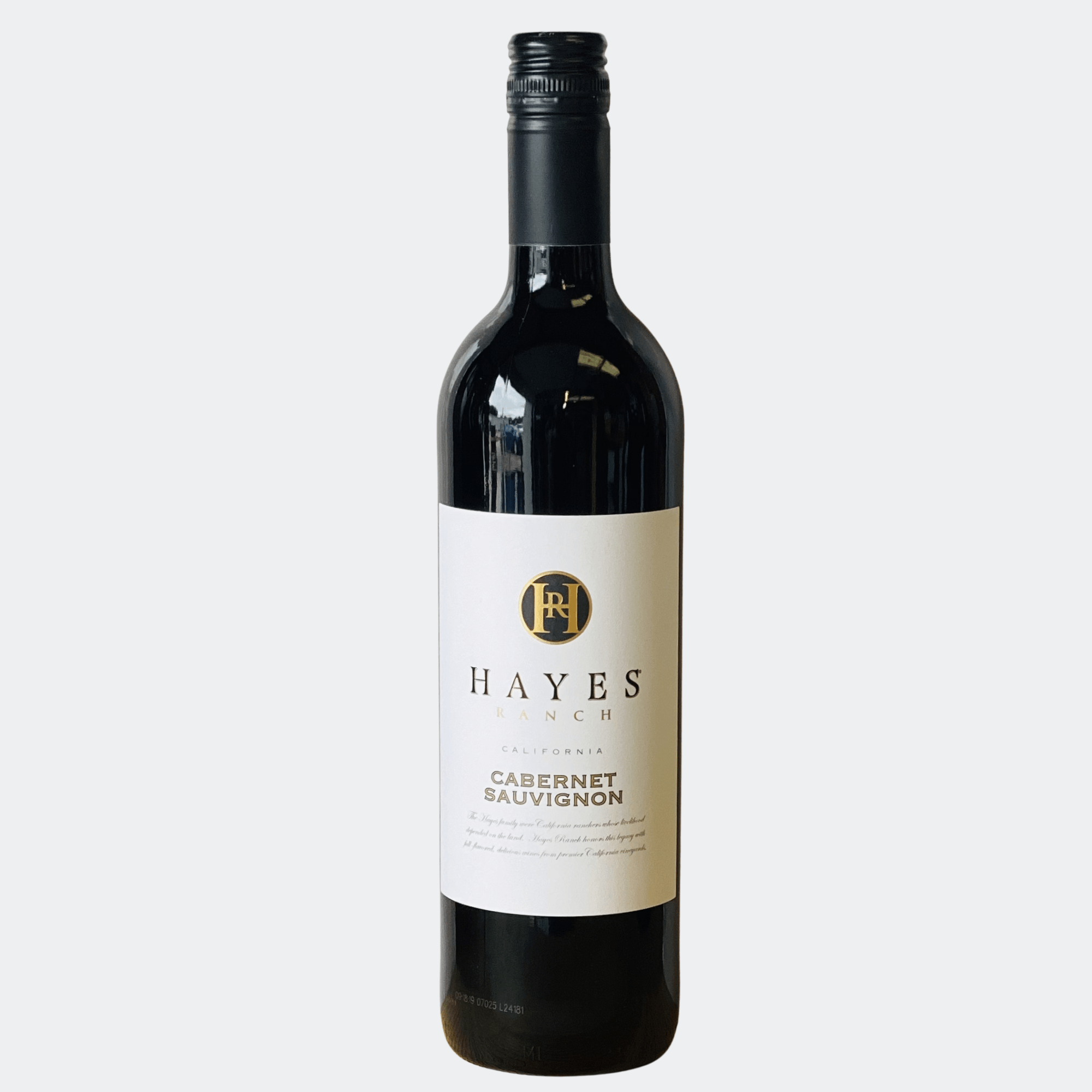 Bottle of red wine with cream label reading Hayes, Cabernet Sauvignon, California (full bottle shown)
